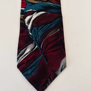 MOMENTO UNO Neck Tie Handcrafted Silk Red and Blue Flowing Abstract design CLEAN